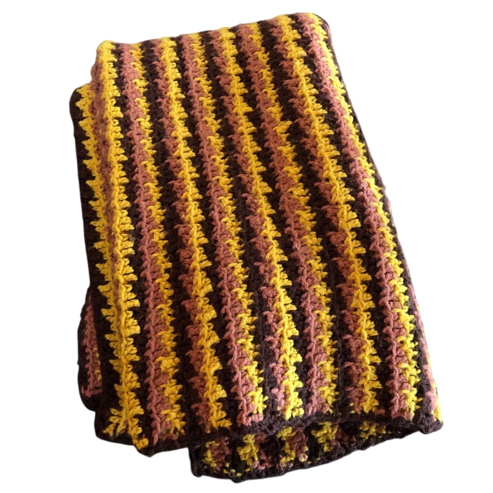 VINTAGE 70s Handmade Crochet Striped Fall Colors Knit Blanket Mustard Tan Brown